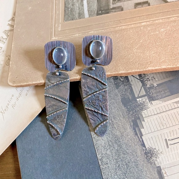 Highly Textured Artisan Made Sterling Silver Pierced Ear drop Earrings - Picture 4 of 10